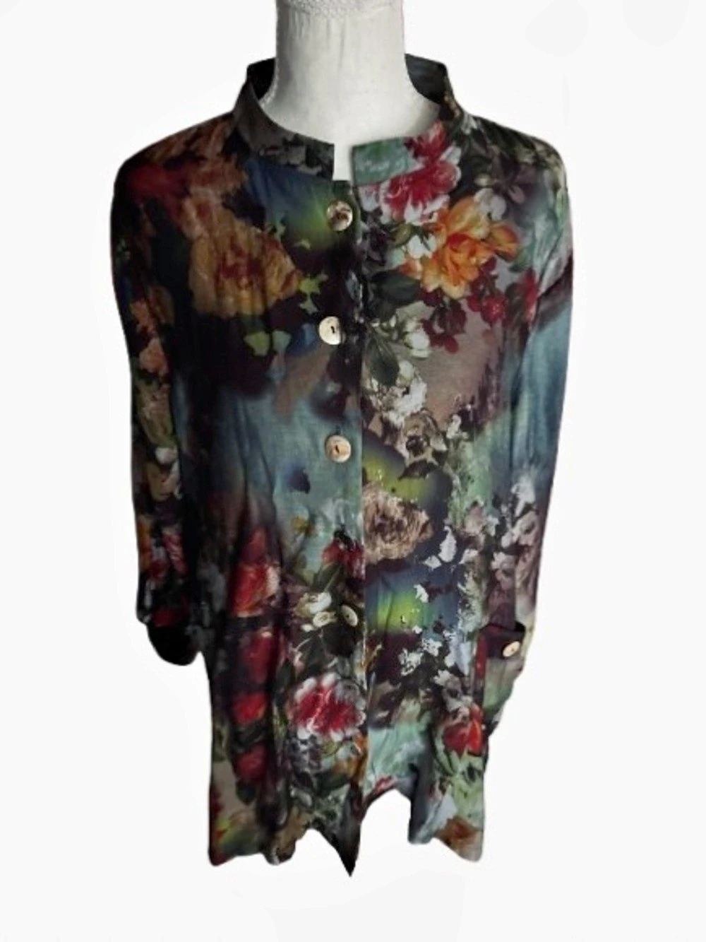 Floral SOFT SURROUNDINGS Watercolor Tunic Blouse Shirt Multicolor Large Boho